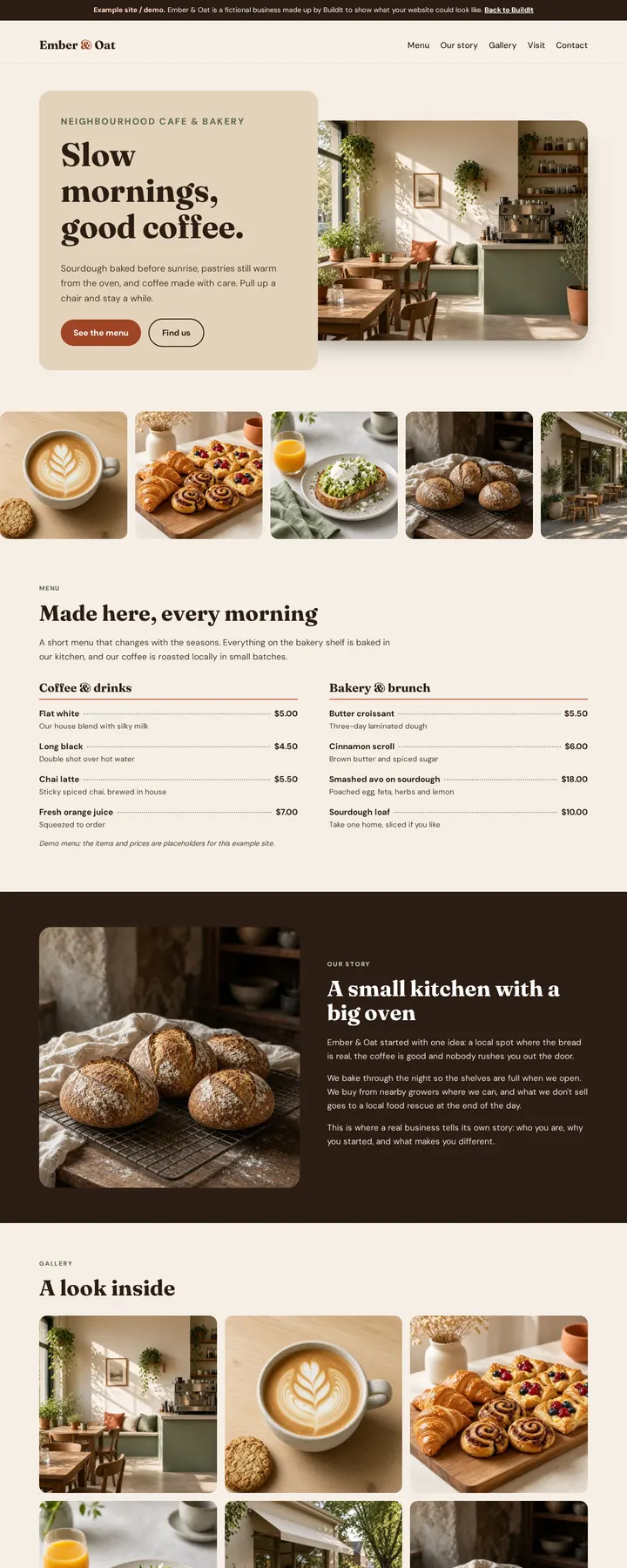 Sample design for Ember & Oat, a fictional cafe and bakery