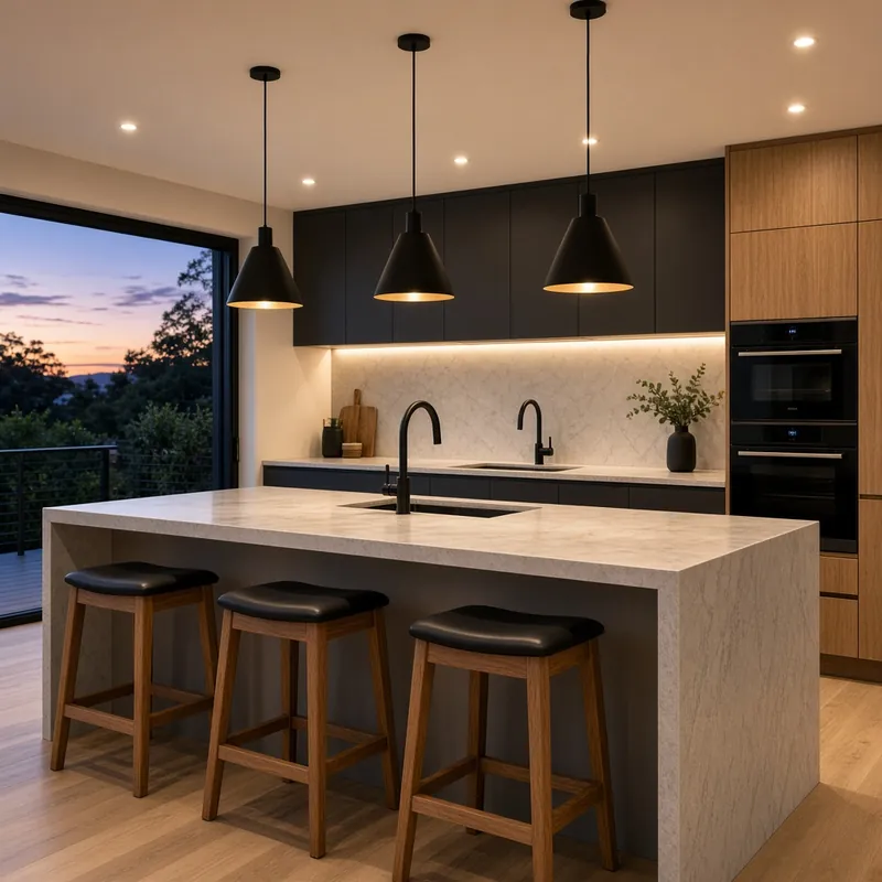 Kitchen with black pendant lights over a stone island and LED downlights
