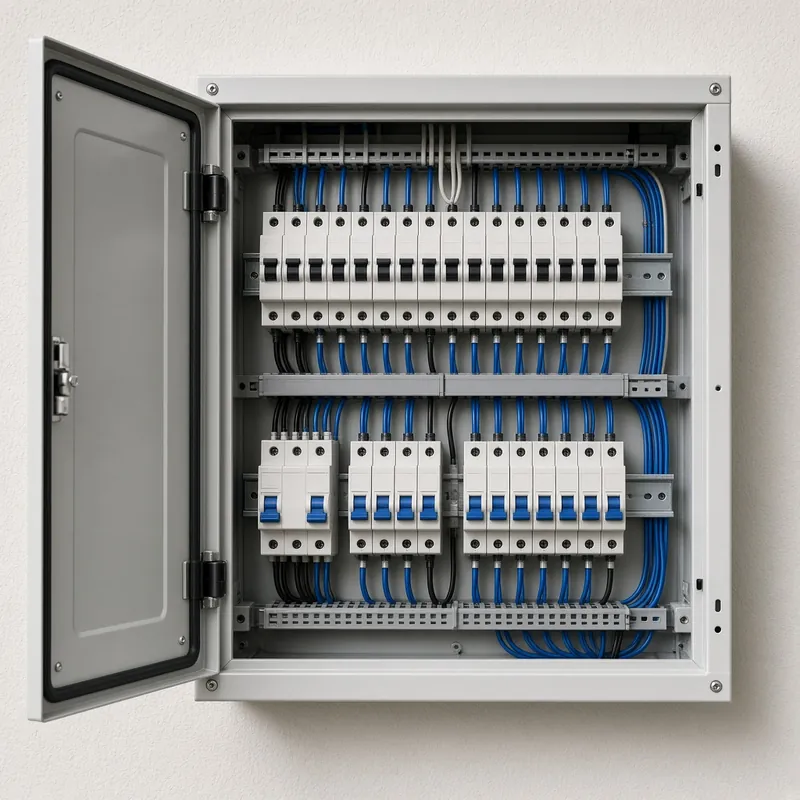 Neat switchboard with rows of circuit breakers and tidy wiring