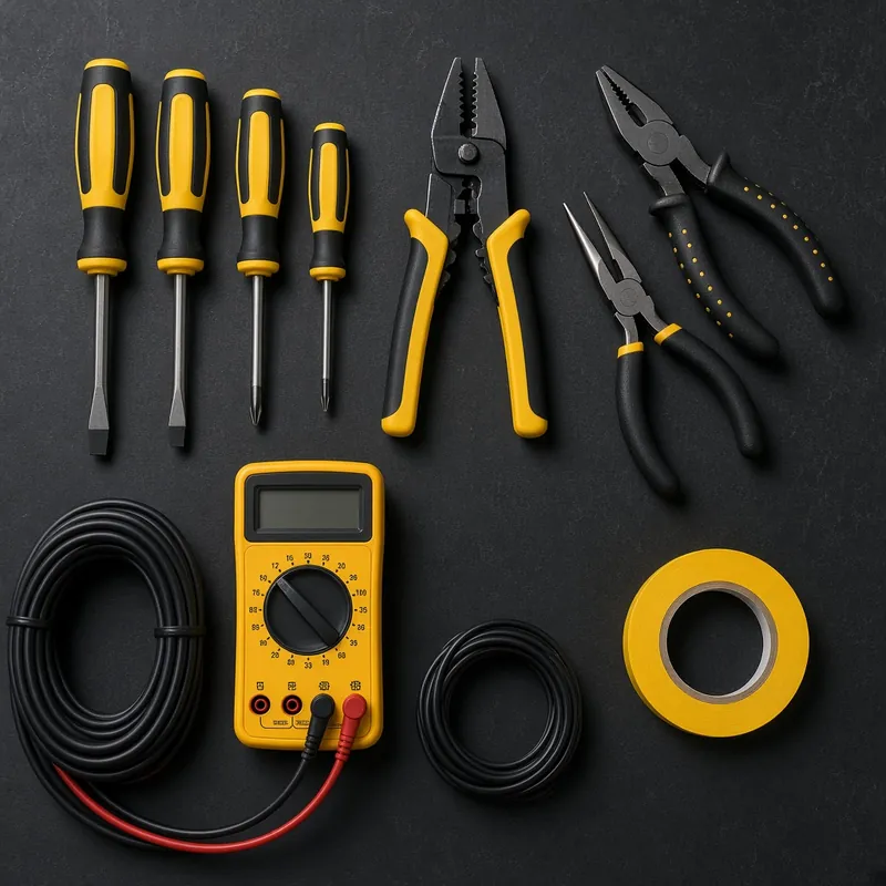 Electrician's screwdrivers, pliers, multimeter and cable on a dark bench