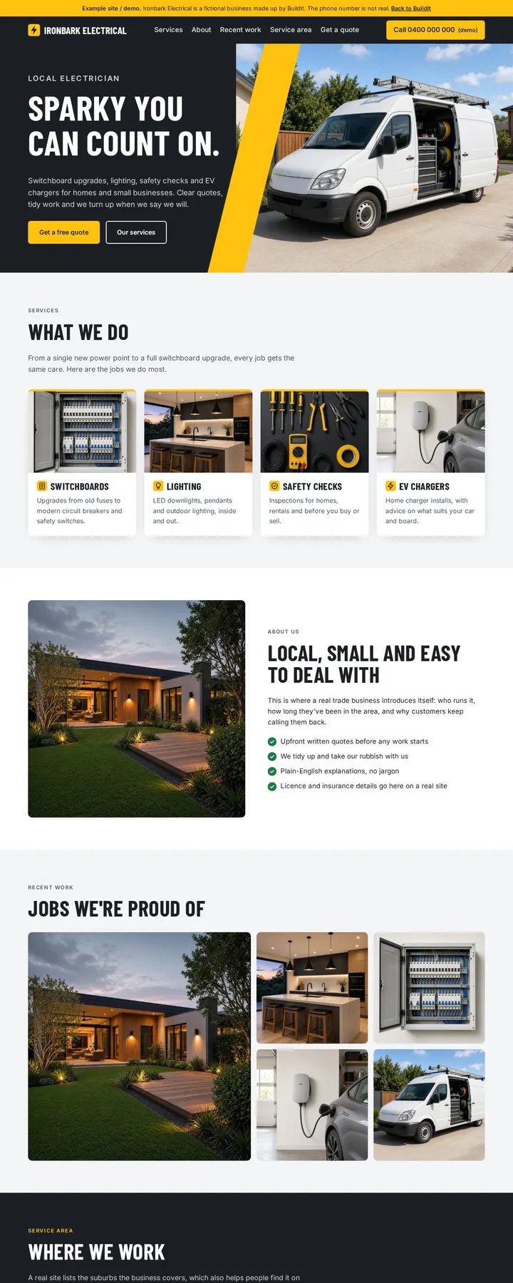 Sample design for Ironbark Electrical, a fictional electrician
