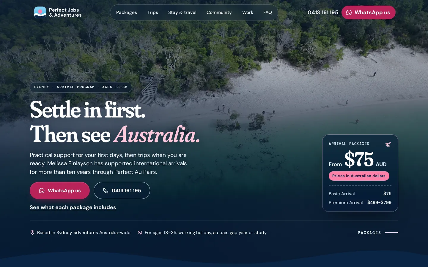 Screenshot of the Perfect Jobs and Adventures website home page