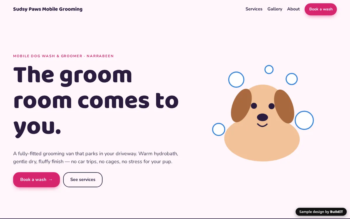 Sample design for Sudsy Paws, a fictional Narrabeen dog wash