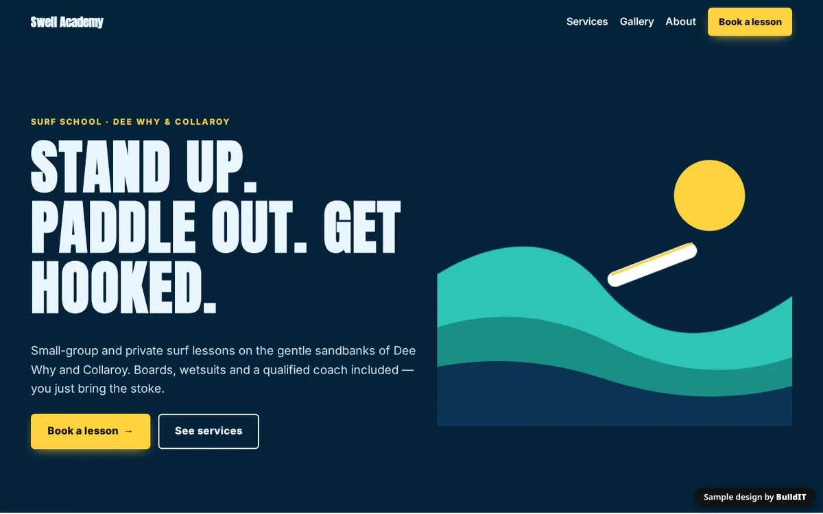 Sample design for Swell Academy, a fictional Dee Why surf school